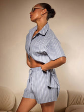 Athîral 2pcs Set Women Striped Short Sleeve Single-Breasted Shirt And Shorts